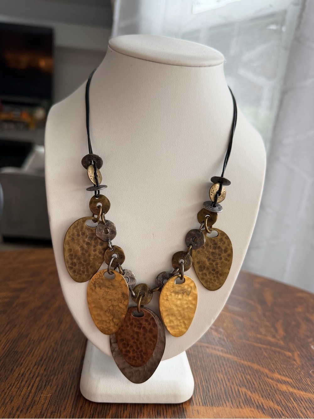 Chicos Hammered Metal Statement Necklace in Mixed Brass Tones